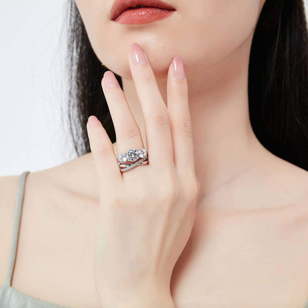 3-Stone Infinity Criss Cross 2ct CZ Ring Set in Sterling Silver
