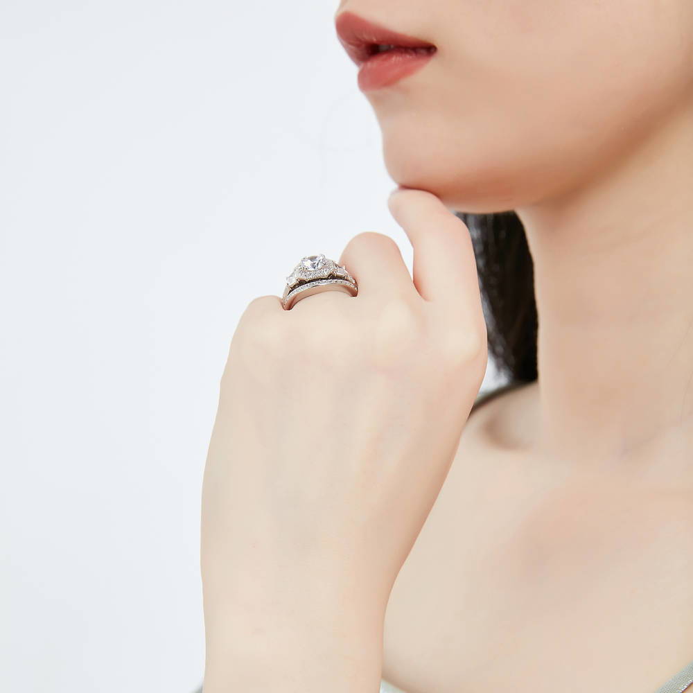 Halo Art Deco CZ Ring Set in Sterling Silver