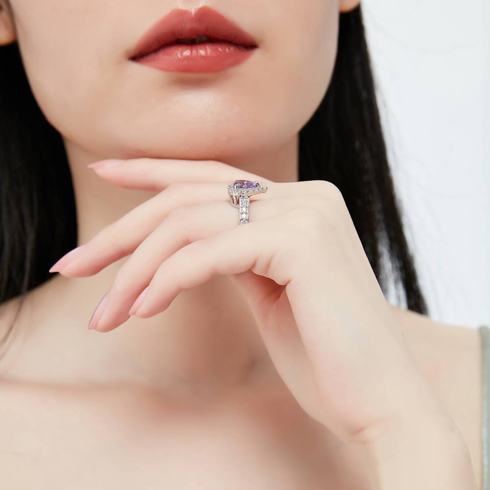 Halo Heart Purple Heart CZ Ring Set in Sterling Silver