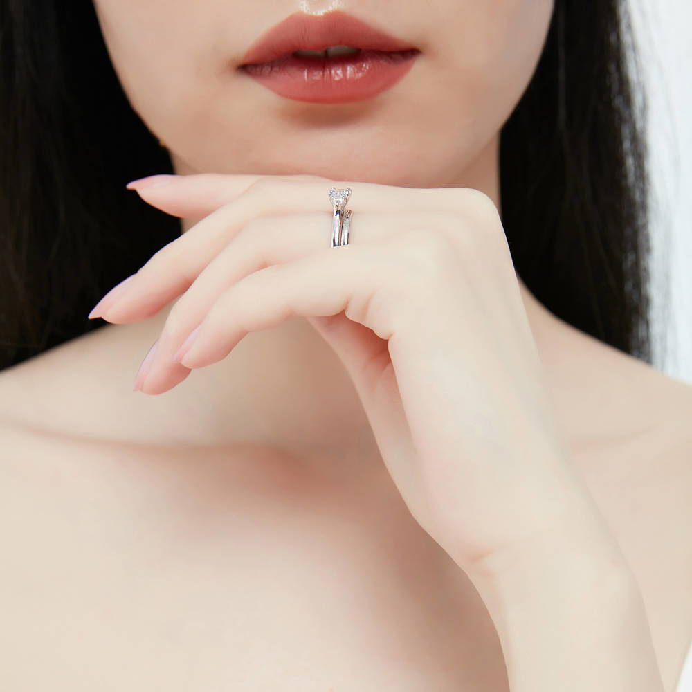 Model wearing 3-Stone East-West Oval CZ Ring Set in Sterling Silver, 6 of 11