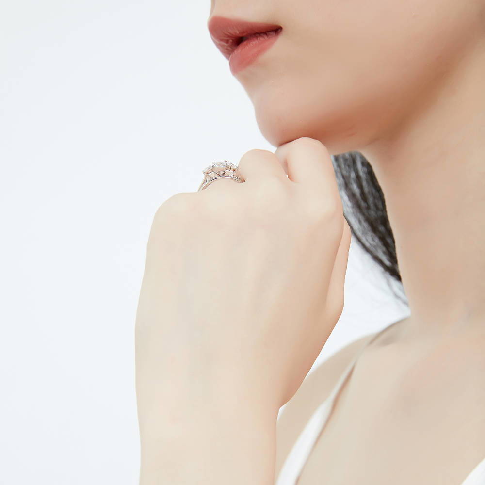 Model wearing 3-Stone East-West Oval CZ Ring Set in Sterling Silver, 5 of 11