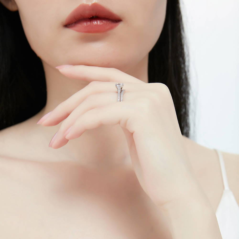 Model wearing Solitaire 1ct Round CZ Ring Set in Sterling Silver, 10 of 16