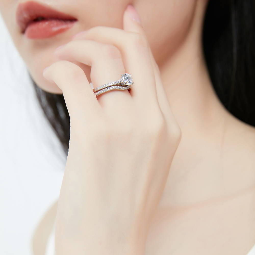 Model wearing Solitaire 1ct Round CZ Ring Set in Sterling Silver, 9 of 16