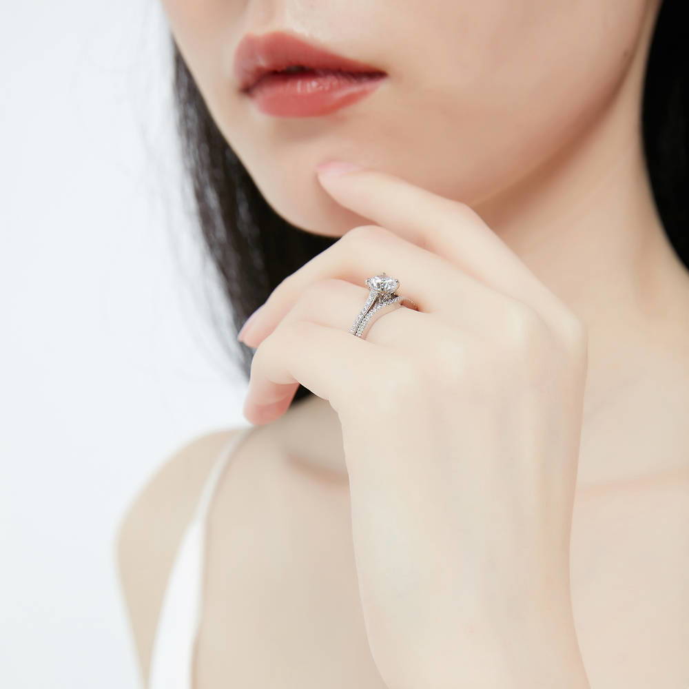Model wearing Solitaire 1ct Round CZ Ring Set in Sterling Silver, 8 of 16