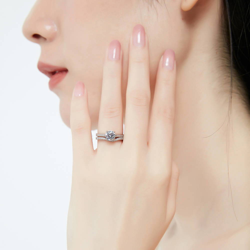 Model wearing Solitaire 1ct Round CZ Ring Set in Sterling Silver, 2 of 16