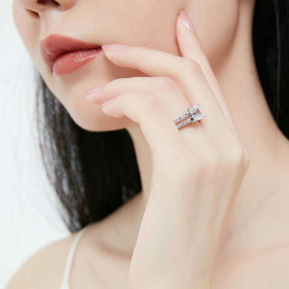 Solitaire 2ct Princess CZ Split Shank Ring Set in Sterling Silver