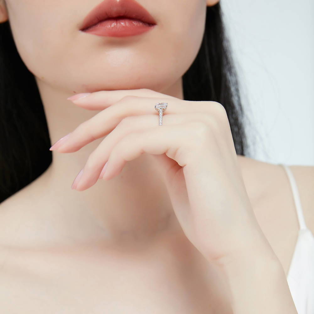 Model wearing Solitaire 2ct Cushion CZ Ring in Sterling Silver, 6 of 7