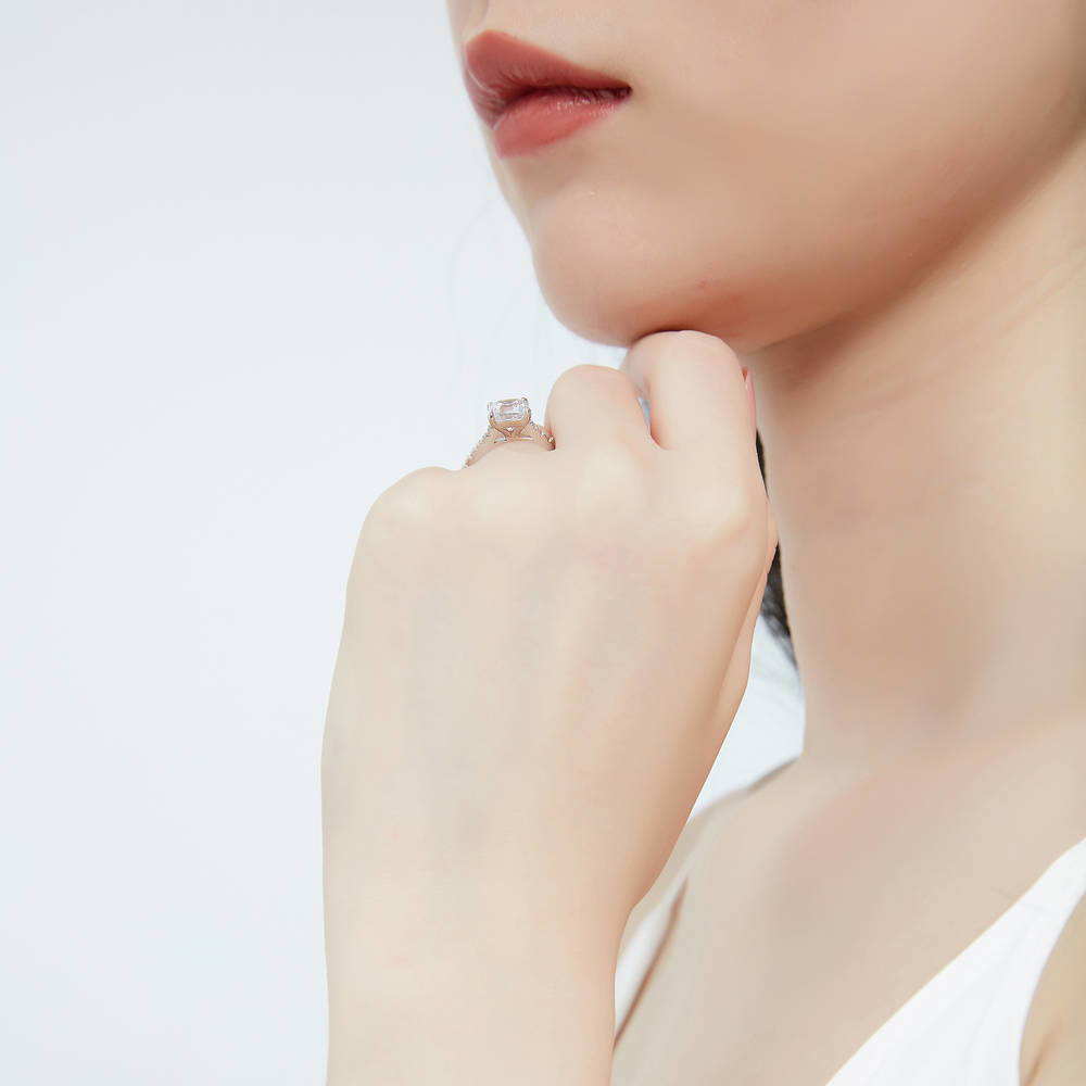 Model wearing Solitaire 2ct Cushion CZ Ring in Sterling Silver, 3 of 7
