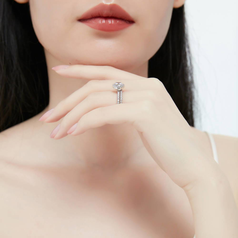Model wearing Halo Round CZ Ring Set in Sterling Silver, 6 of 11