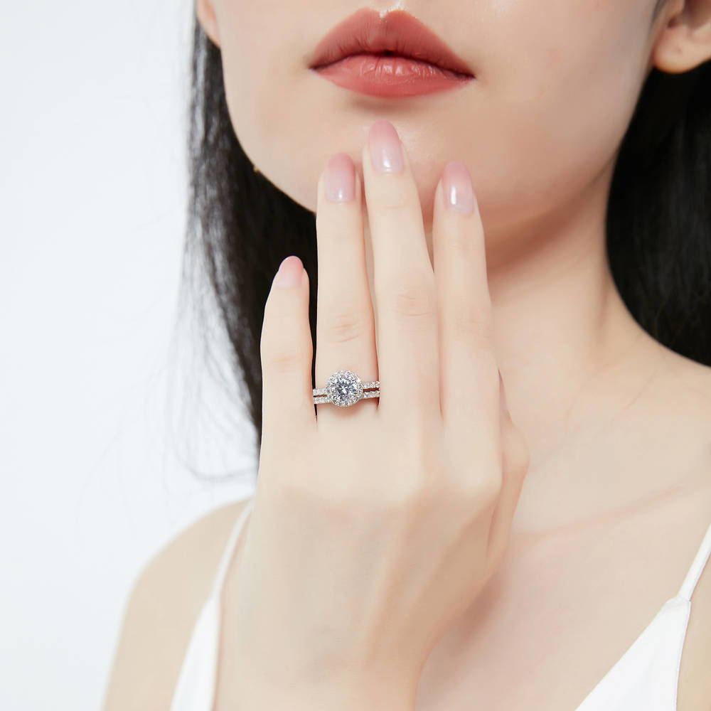 Model wearing Halo Round CZ Ring Set in Sterling Silver, 2 of 11