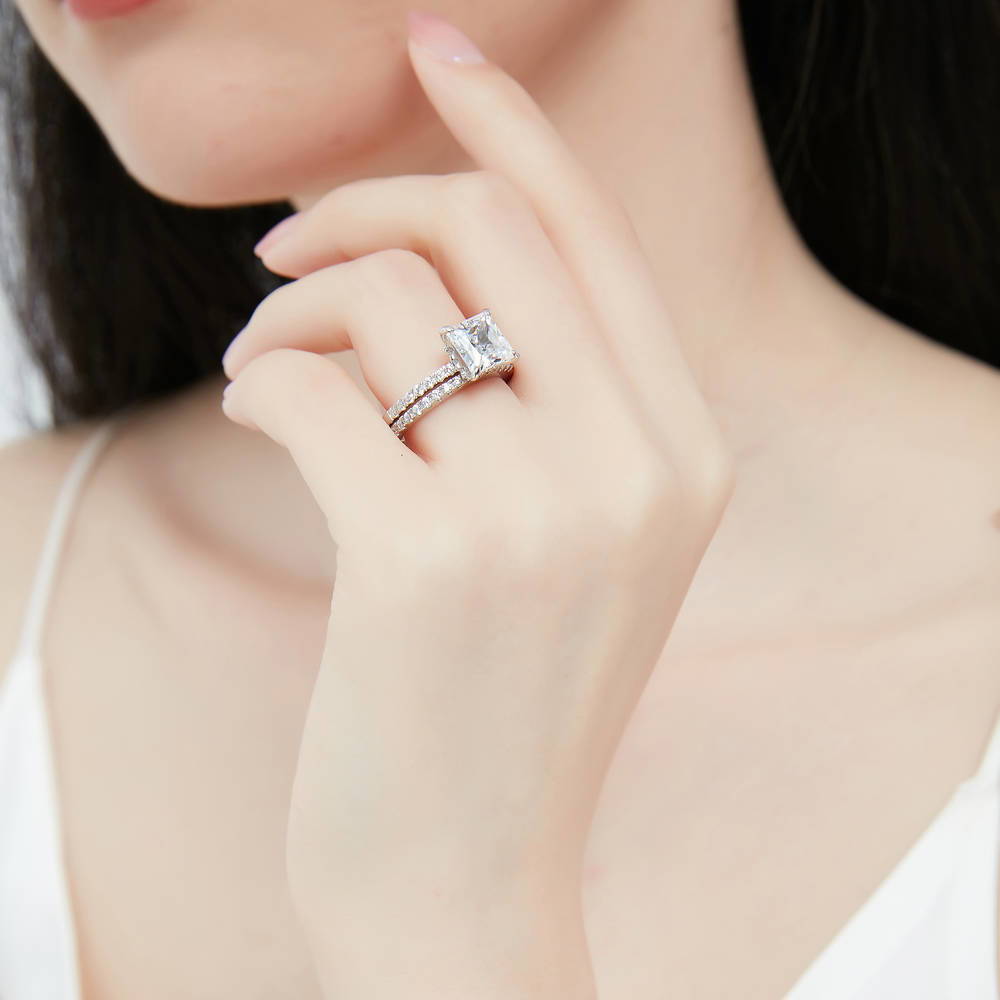 Hidden Halo Solitaire CZ Ring Set in Sterling Silver