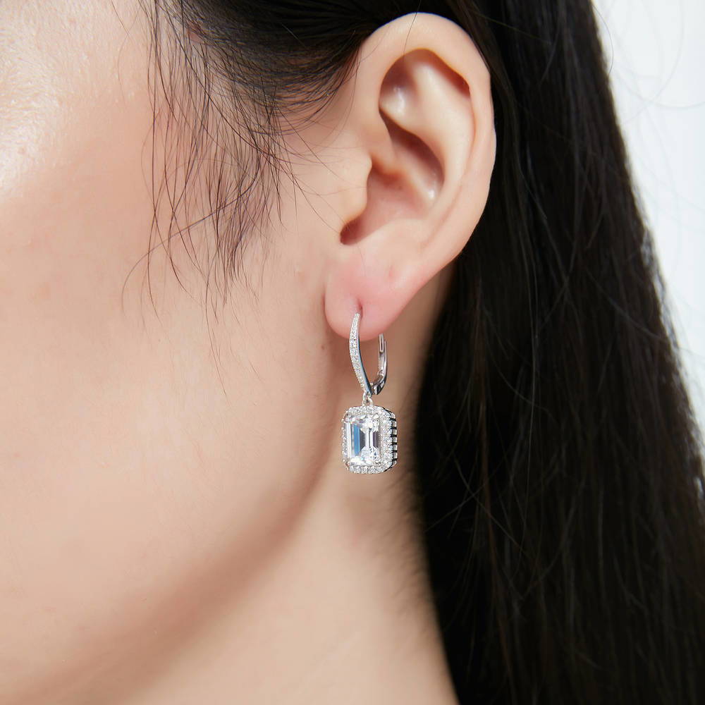 Halo Emerald Cut CZ Leverback Earrings in Sterling Silver