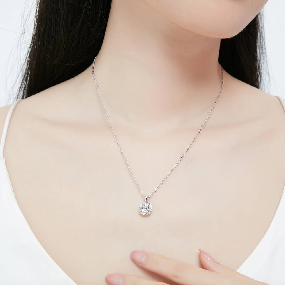 Model wearing Halo Cushion CZ Necklace and Earrings Set in Sterling Silver, 6 of 10