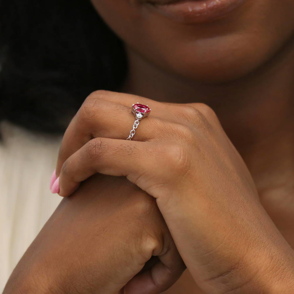 3-Stone Simulated Ruby Oval CZ Chain Ring in Sterling Silver