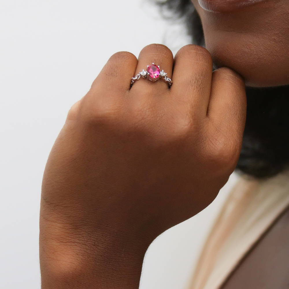 3-Stone Simulated Ruby Oval CZ Chain Ring in Sterling Silver