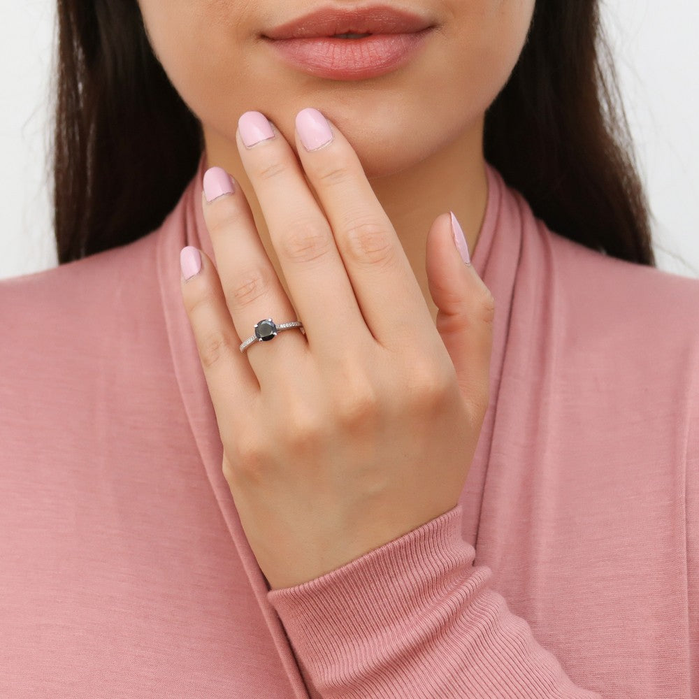 Solitaire Black and White Round CZ Ring in Sterling Silver 1ct