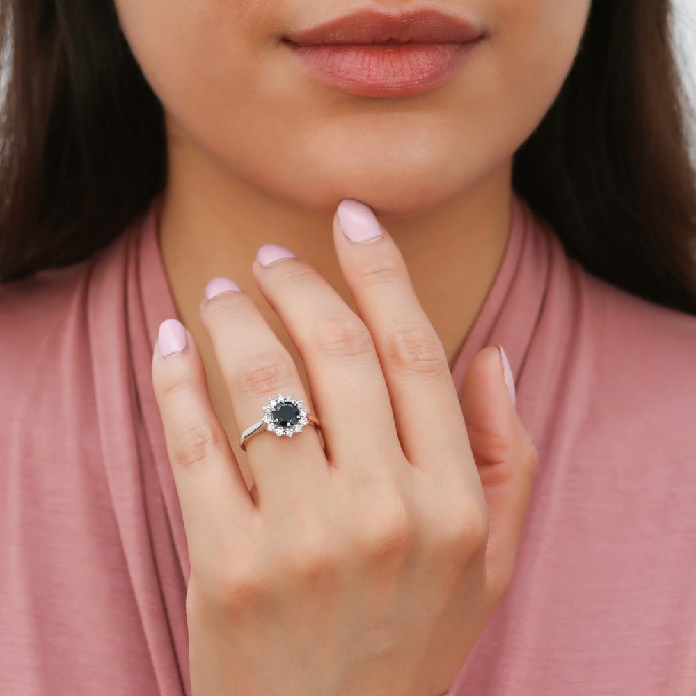 Halo Black and White Round CZ Ring in Sterling Silver