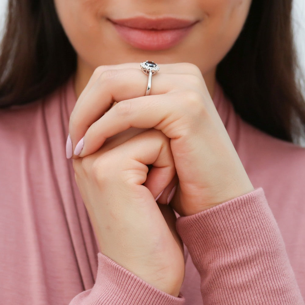 Halo Black and White Round CZ Ring in Sterling Silver