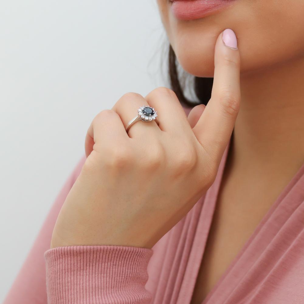 Halo Black and White Round CZ Ring in Sterling Silver