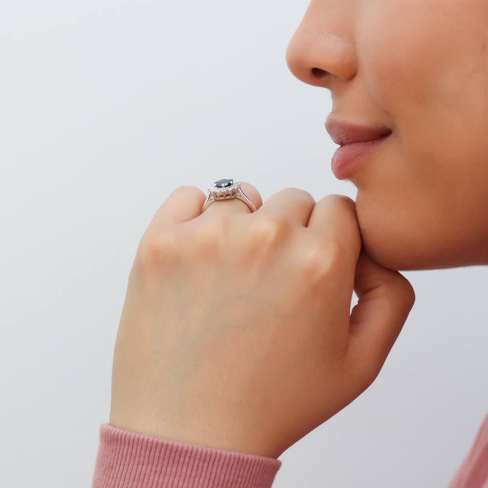 Halo Black and White Round CZ Ring in Sterling Silver