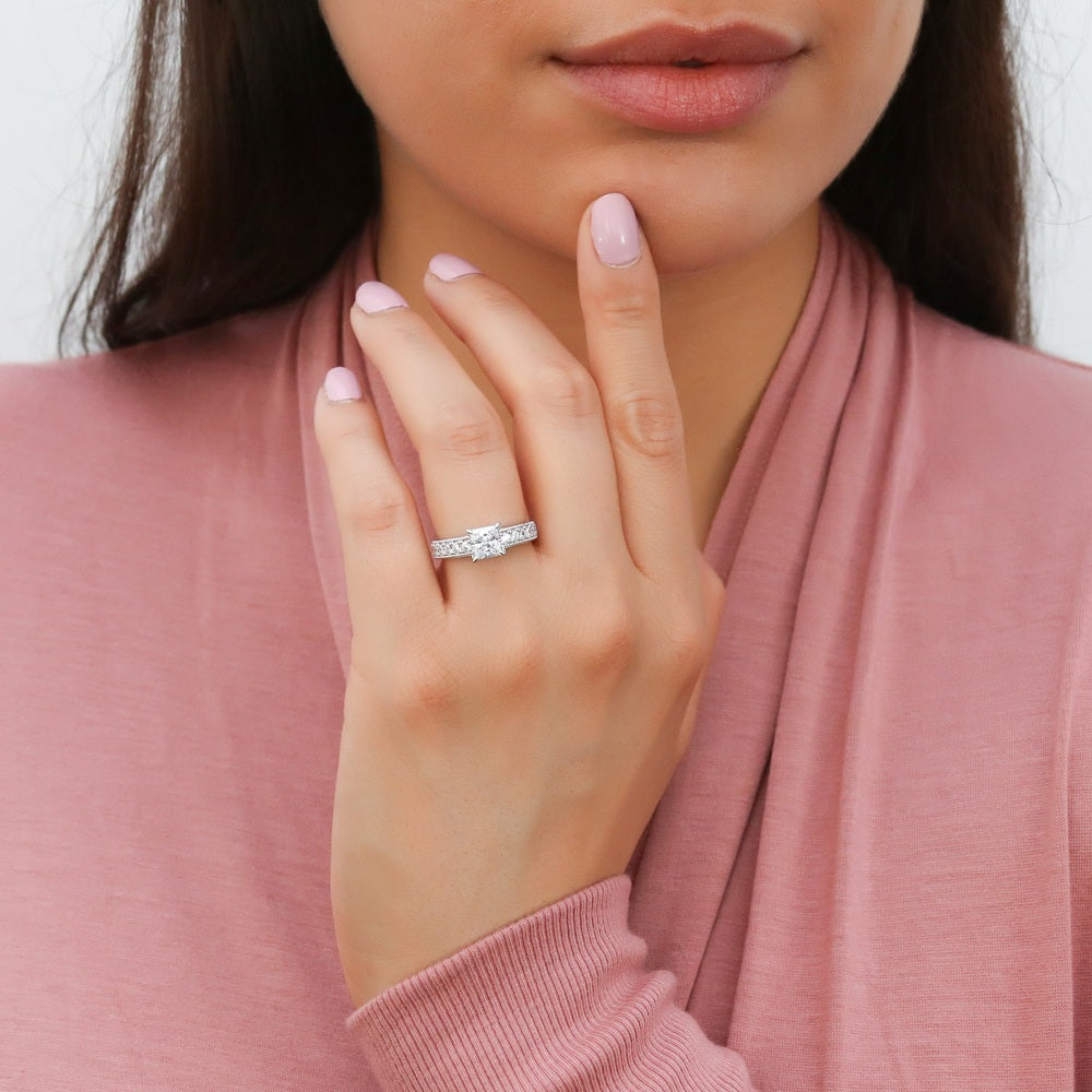 Model wearing Solitaire Milgrain 1.2ct Princess CZ Ring in Sterling Silver, 2 of 8