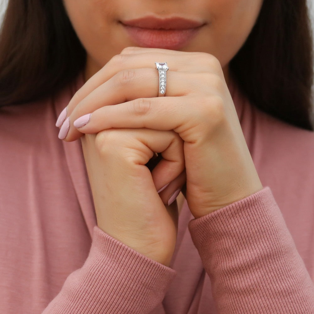 Model wearing Solitaire Milgrain 1.2ct Princess CZ Ring in Sterling Silver, 7 of 8