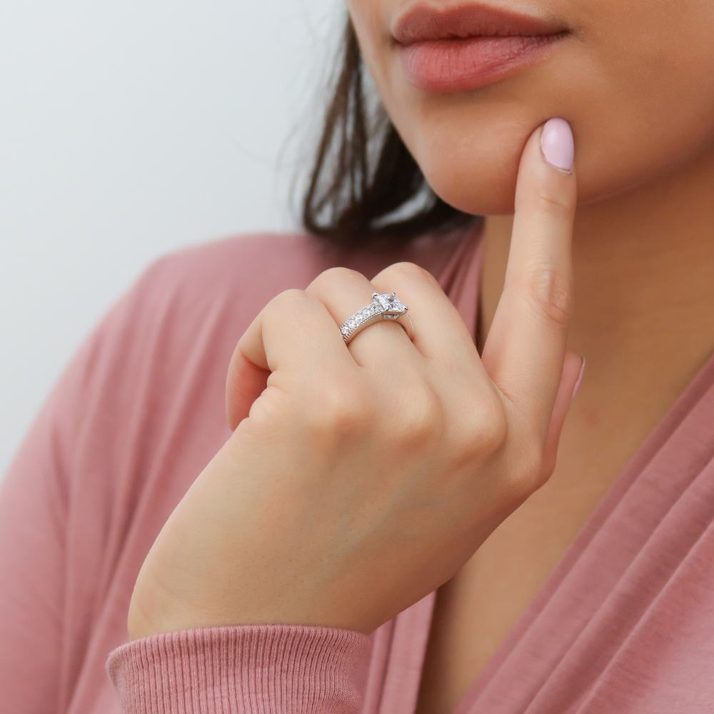 Model wearing Solitaire Milgrain 1.2ct Princess CZ Ring in Sterling Silver, 6 of 8