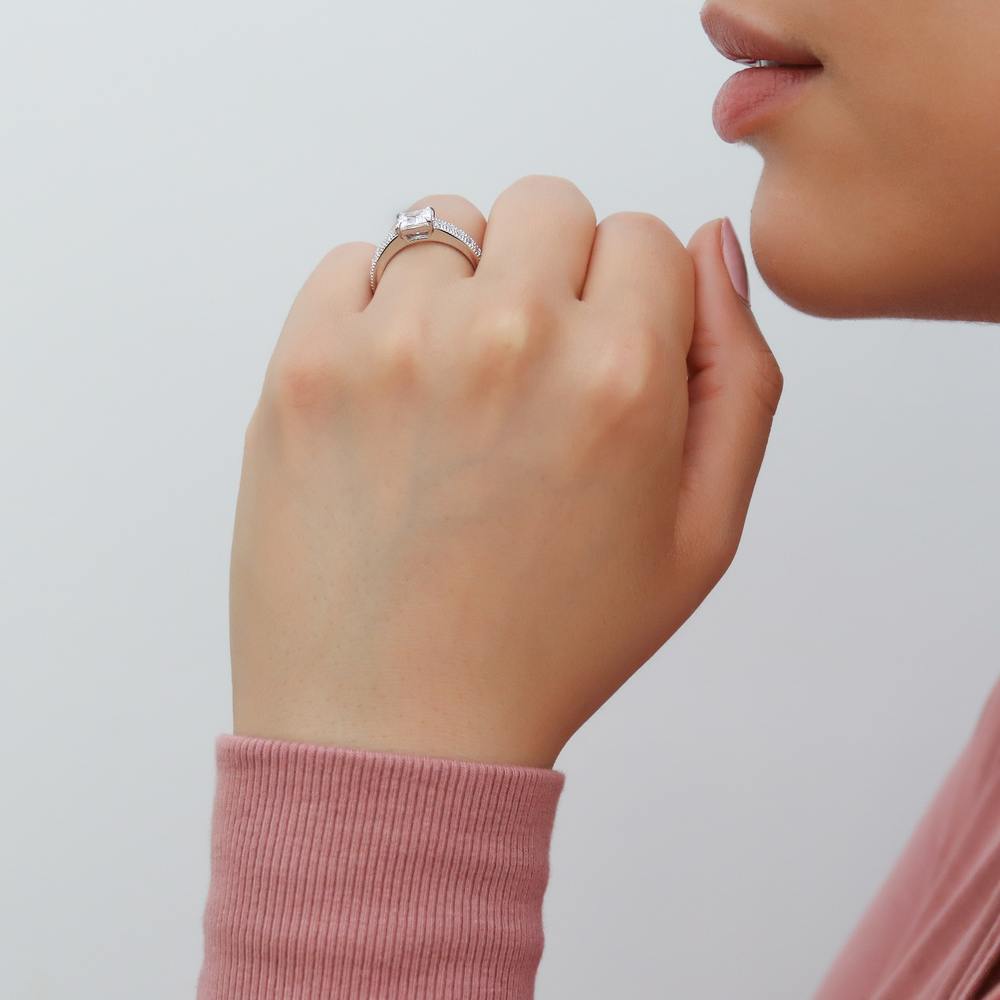 Model wearing Solitaire Milgrain 1.2ct Princess CZ Ring in Sterling Silver, 3 of 8