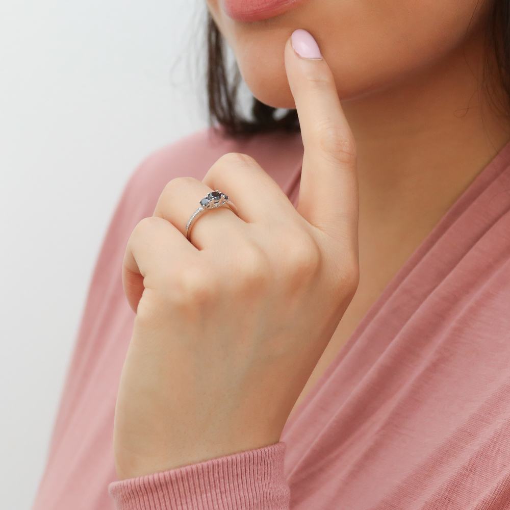 Model wearing 3-Stone Round CZ Ring in Sterling Silver, 6 of 10