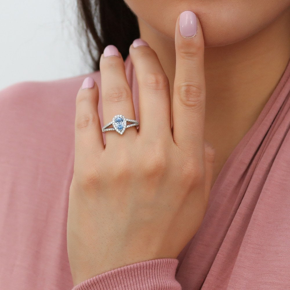 Halo Blue Pear CZ Split Shank Ring in Sterling Silver