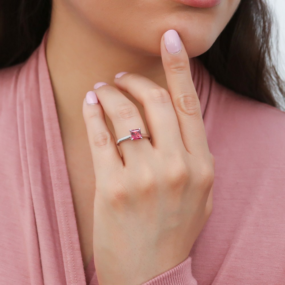 Model wearing Solitaire 1.2ct Red Princess CZ Ring Set in Sterling Silver, 2 of 15