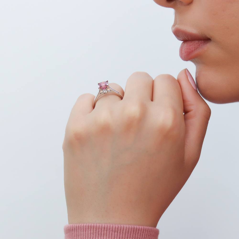 Model wearing Solitaire 1.2ct Red Princess CZ Ring Set in Sterling Silver, 6 of 15