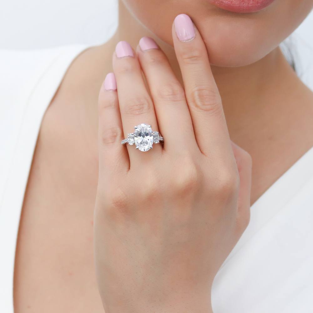 Model wearing 3-Stone Oval CZ Ring Set in Sterling Silver, 9 of 15