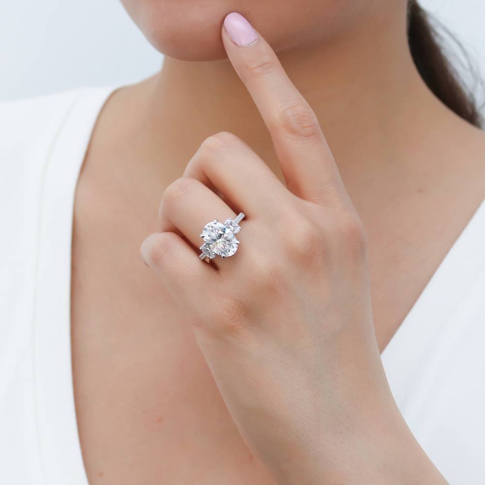 Model wearing 3-Stone Oval CZ Ring Set in Sterling Silver, 12 of 15