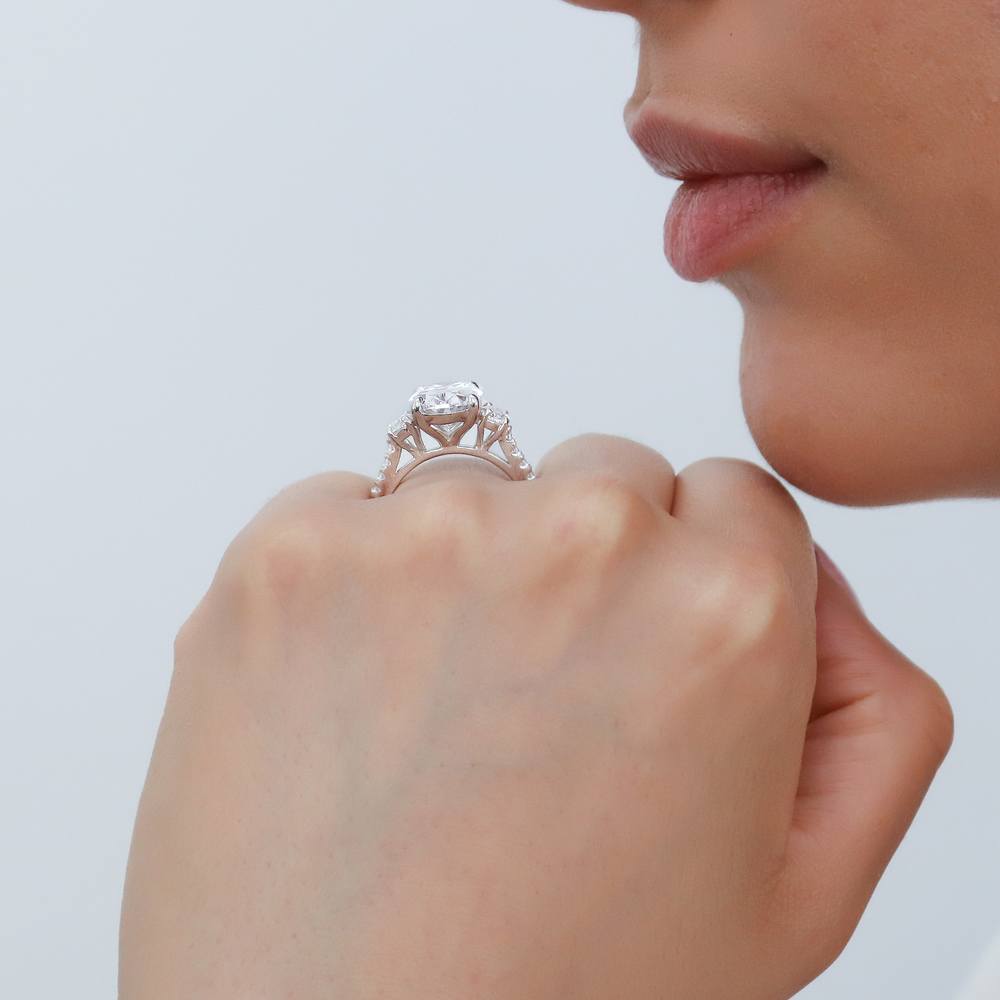 Model wearing 3-Stone Oval CZ Ring Set in Sterling Silver, 11 of 15