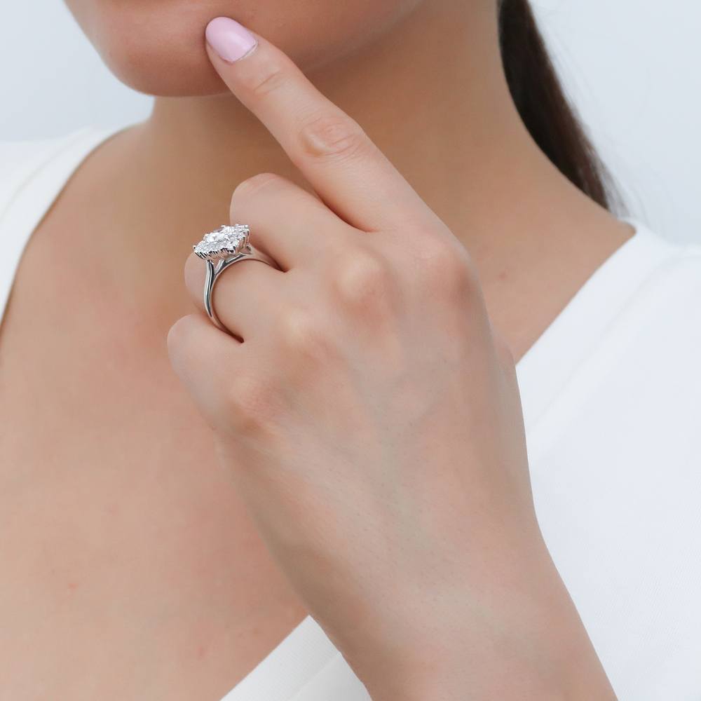 Model wearing Halo Pear CZ Ring Set in Sterling Silver, 15 of 17
