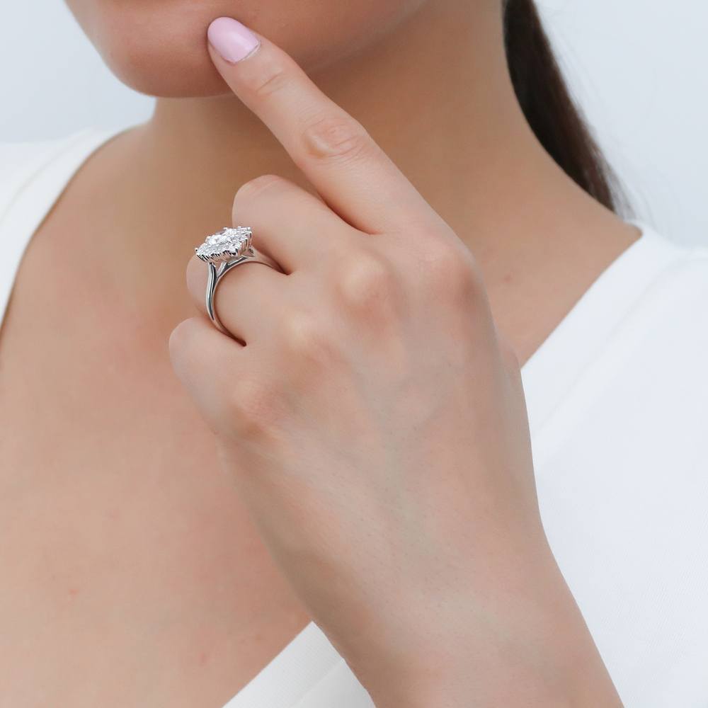 Halo Milgrain Art Deco Pear CZ Ring Set in Sterling Silver