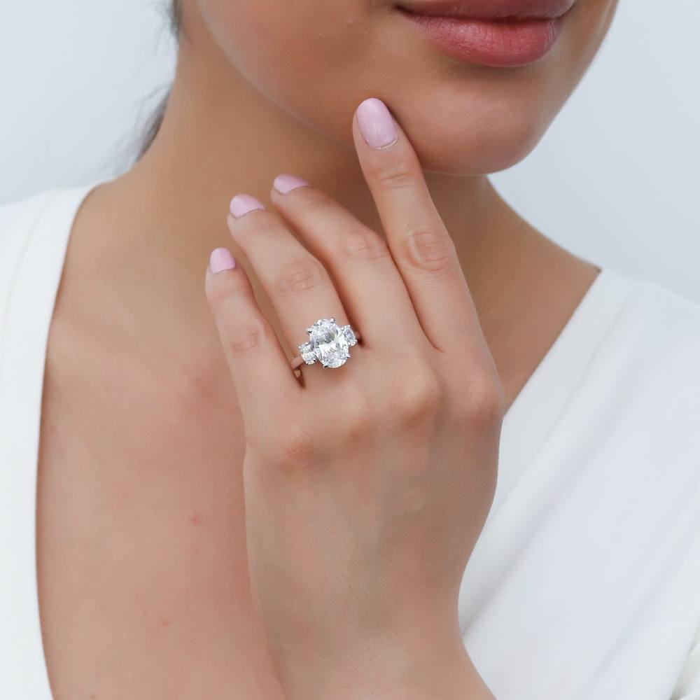 Model wearing 3-Stone Oval CZ Statement Ring in Sterling Silver, 6 of 13