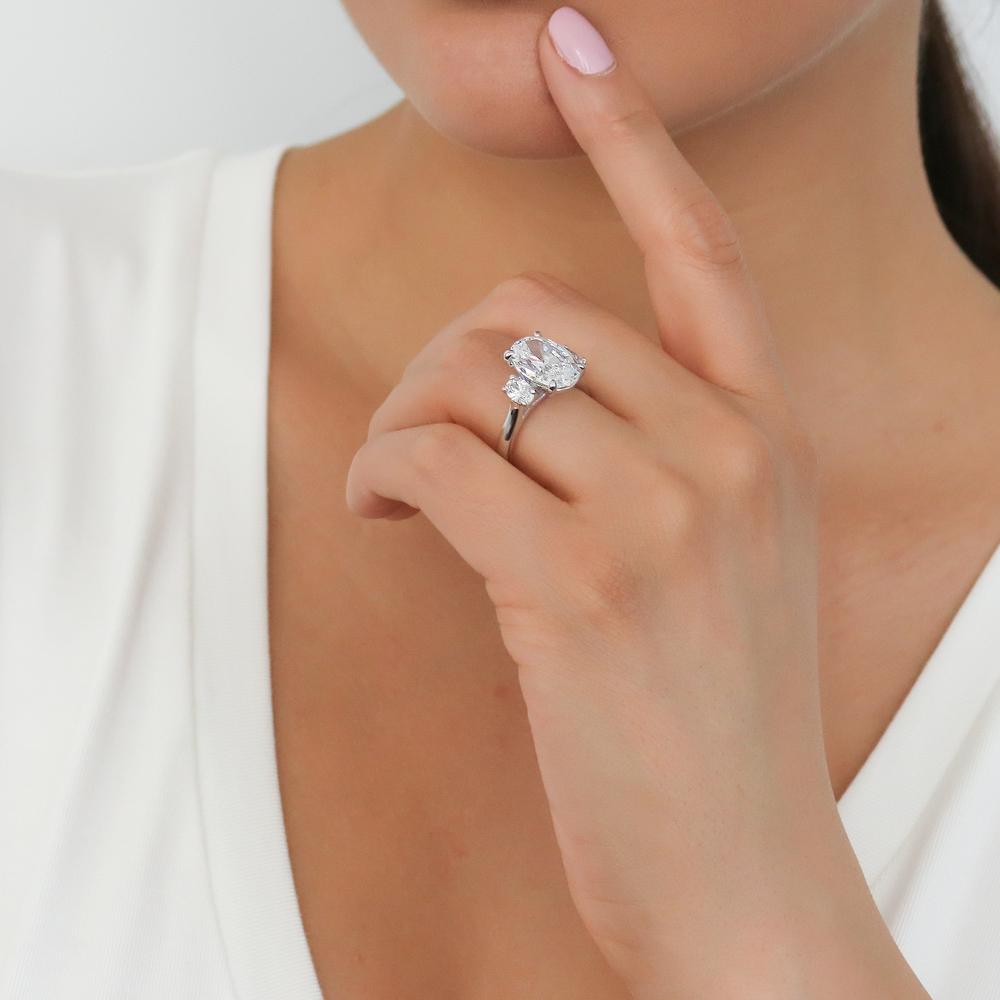 Model wearing 3-Stone Oval CZ Statement Ring in Sterling Silver, 11 of 13