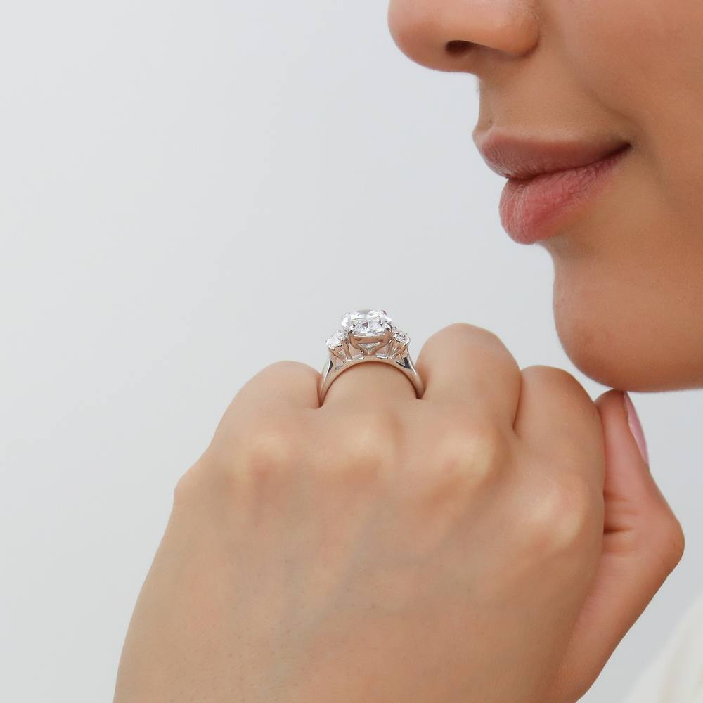 Model wearing 3-Stone Oval CZ Statement Ring in Sterling Silver, 10 of 13