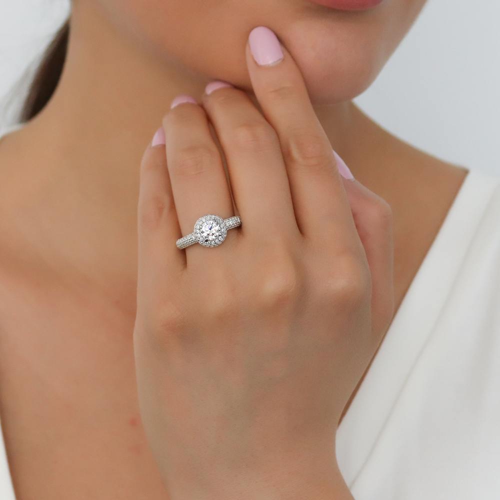 Model wearing Halo Round CZ Ring in Sterling Silver, 2 of 8