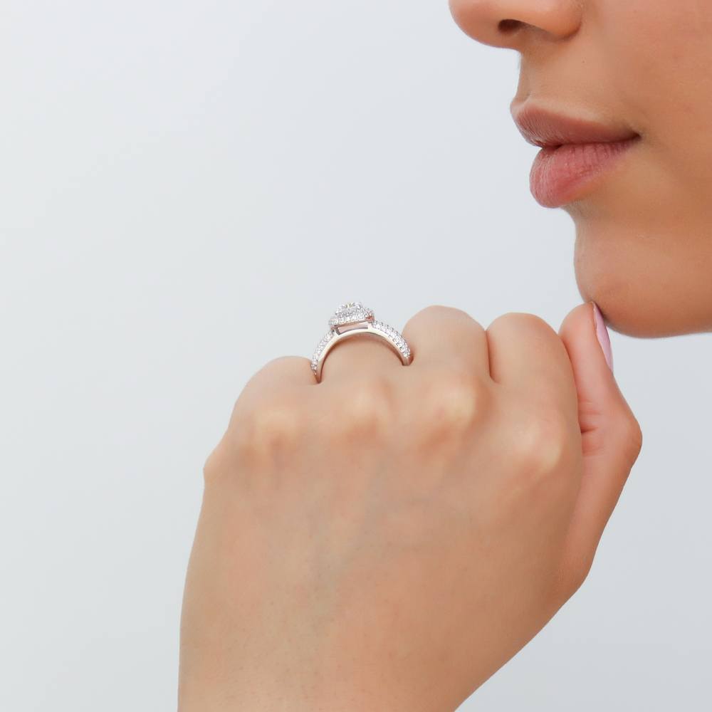 Model wearing Halo Round CZ Ring in Sterling Silver, 3 of 8