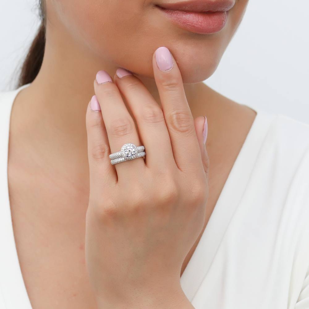 Halo Round CZ Ring Set in Sterling Silver