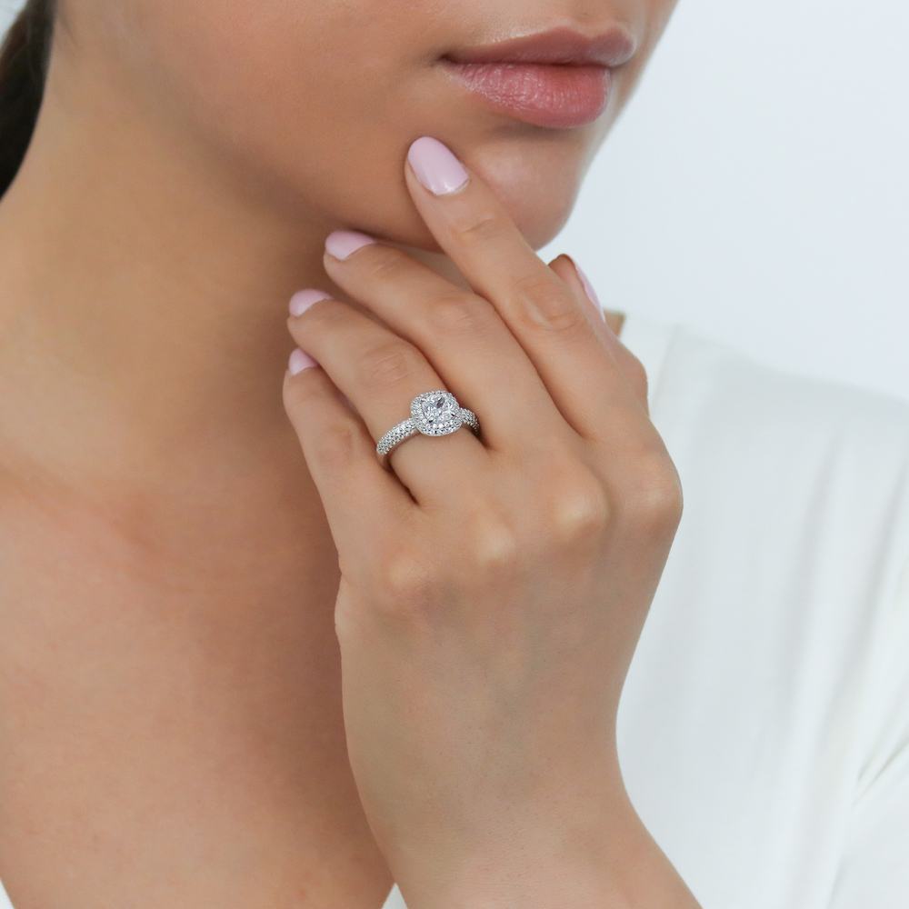 Model wearing Halo Cushion CZ Ring Set in Sterling Silver, 9 of 13