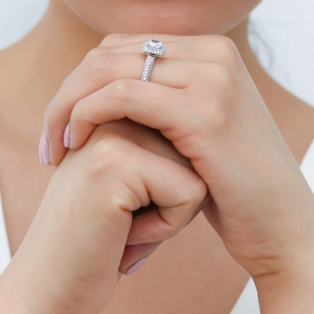 Model wearing Halo Cushion CZ Ring in Sterling Silver, 7 of 8