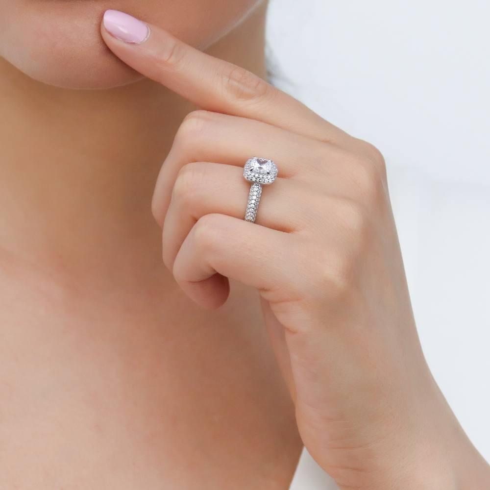 Model wearing Halo Cushion CZ Ring in Sterling Silver, 6 of 8