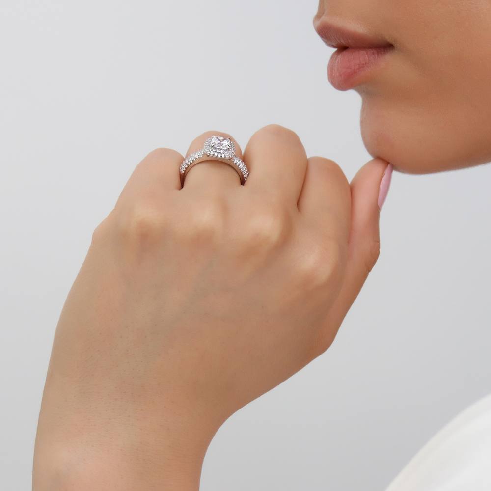 Model wearing Halo Cushion CZ Ring in Sterling Silver, 3 of 8