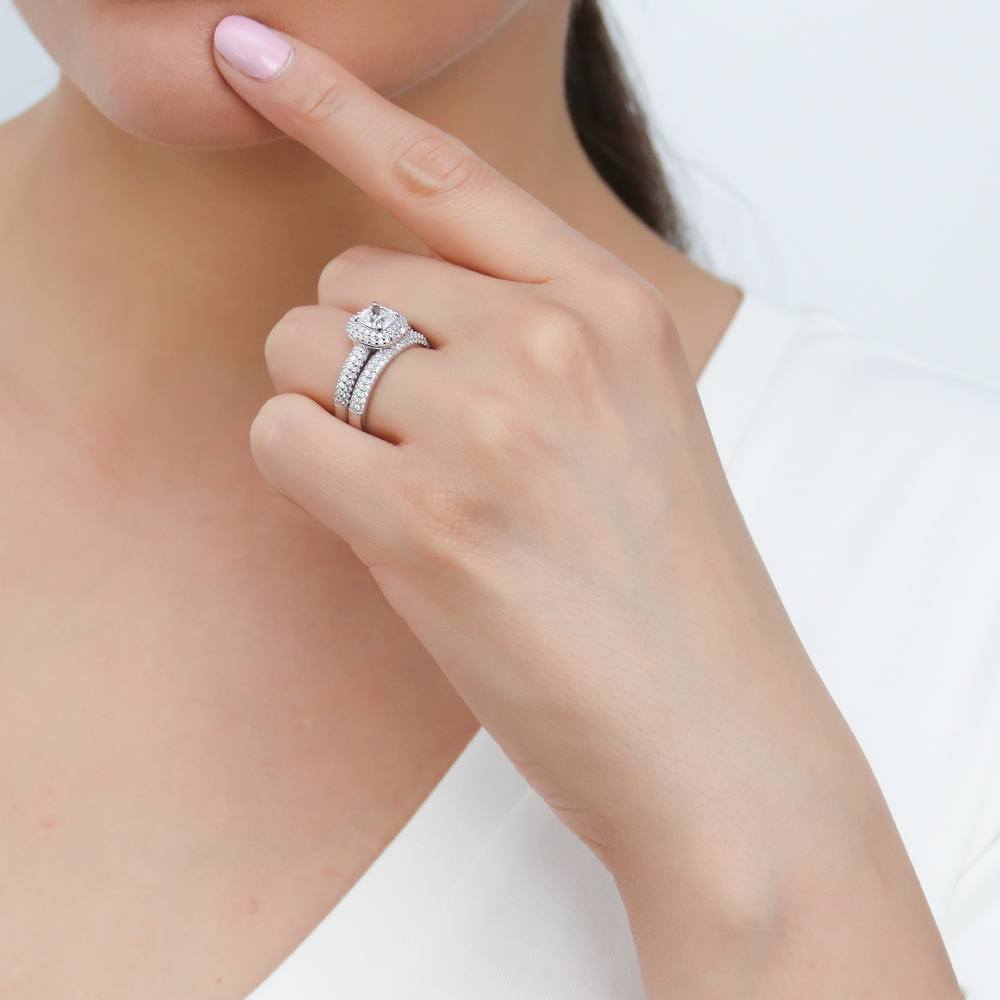 Model wearing Halo Cushion CZ Ring Set in Sterling Silver, 6 of 13