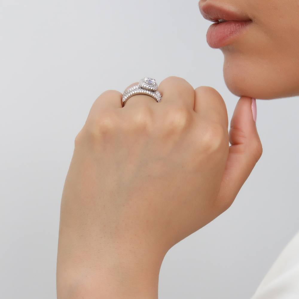 Model wearing Halo Cushion CZ Ring Set in Sterling Silver, 3 of 13
