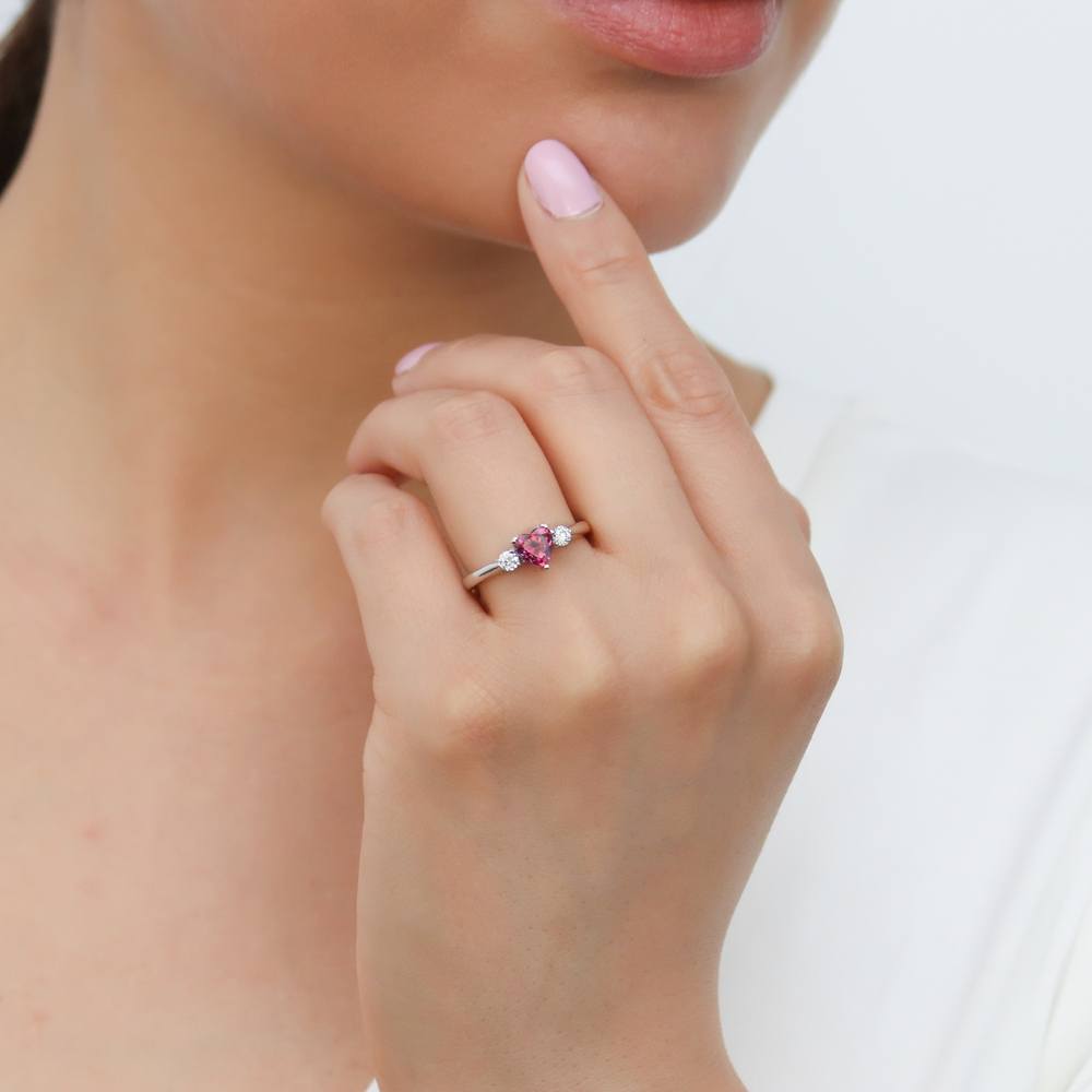 3-Stone Heart 0.7ct Red Heart CZ Ring Set in Sterling Silver